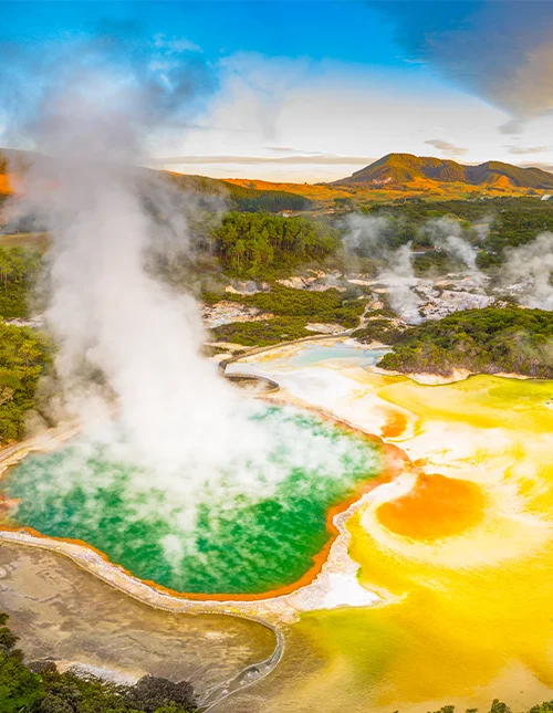 A colourful geothermal reserve with hot sulphur springs on New Zealand's North Island.