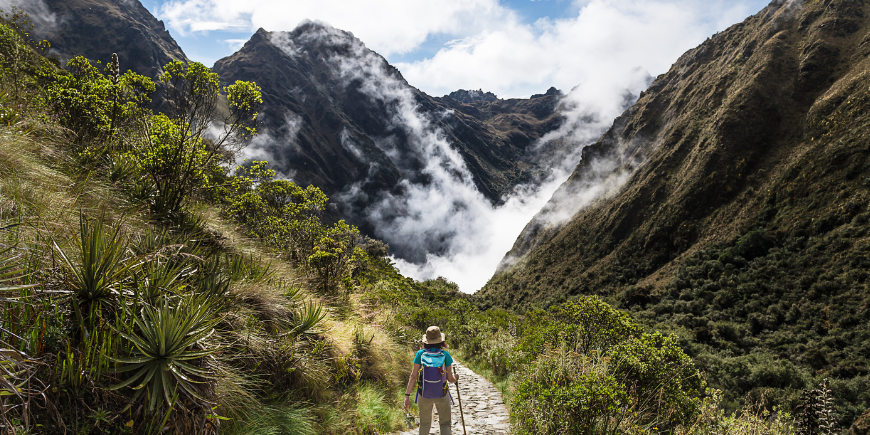 Woman hiking in Peru on Inca trekking
