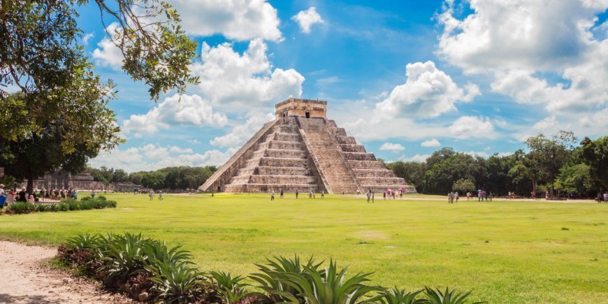 The Chichen Itza pyramid in Mexico on a sunny day