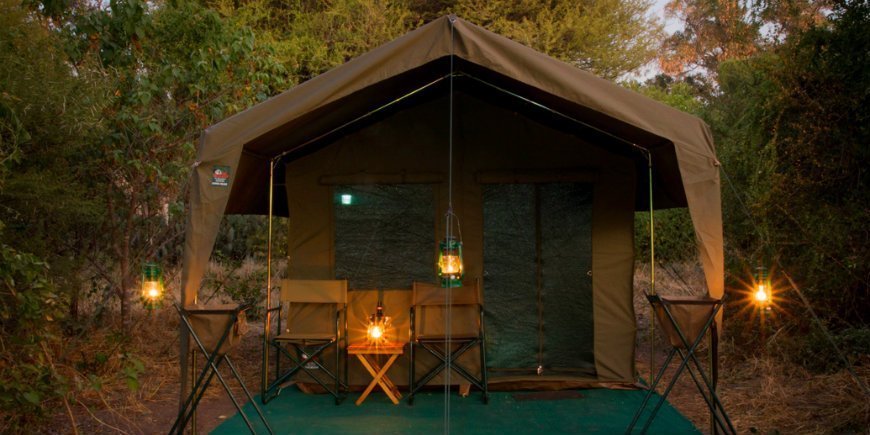 Tent at dusk in the Okavango Delta, Botswana 