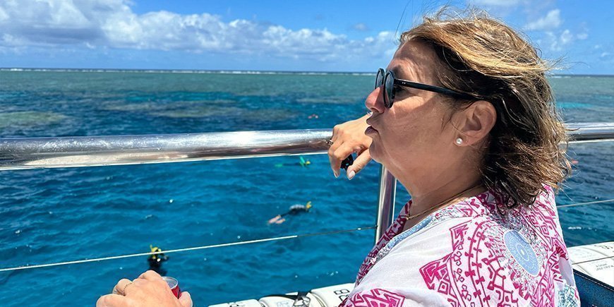 Beate on a boat at the Great Barrier Reef in Australia