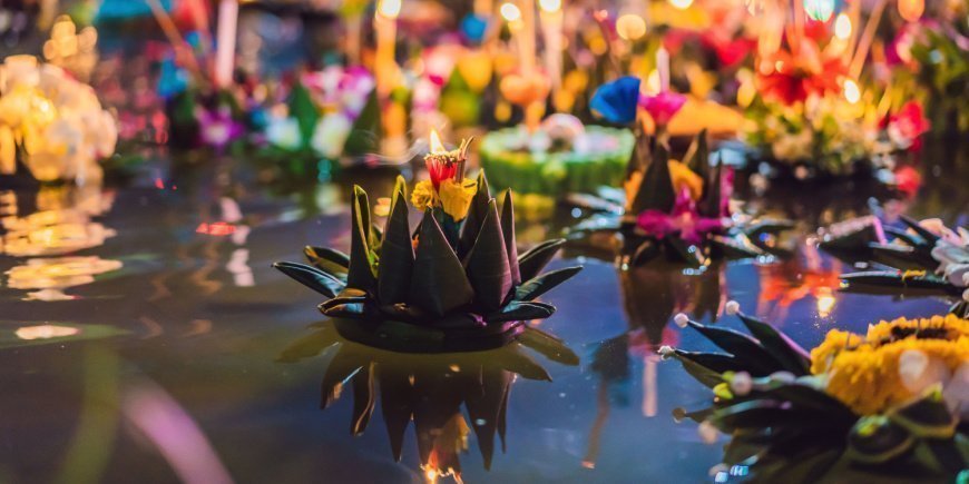 Krathong floating in the water for Loy Krathong festival in Thailand