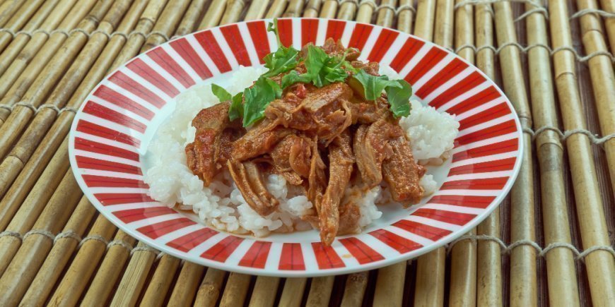 Ropa Vieja on a striped plate