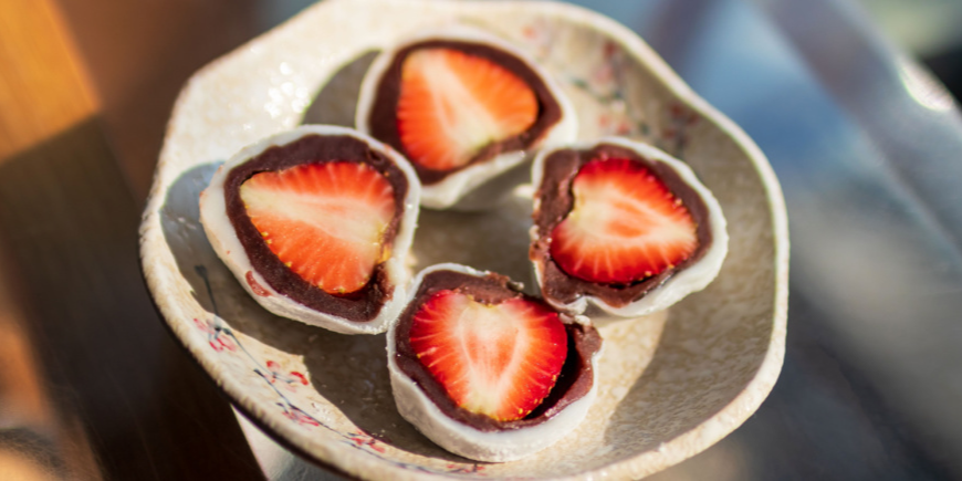 Strawberry mochi cakes on a plate 