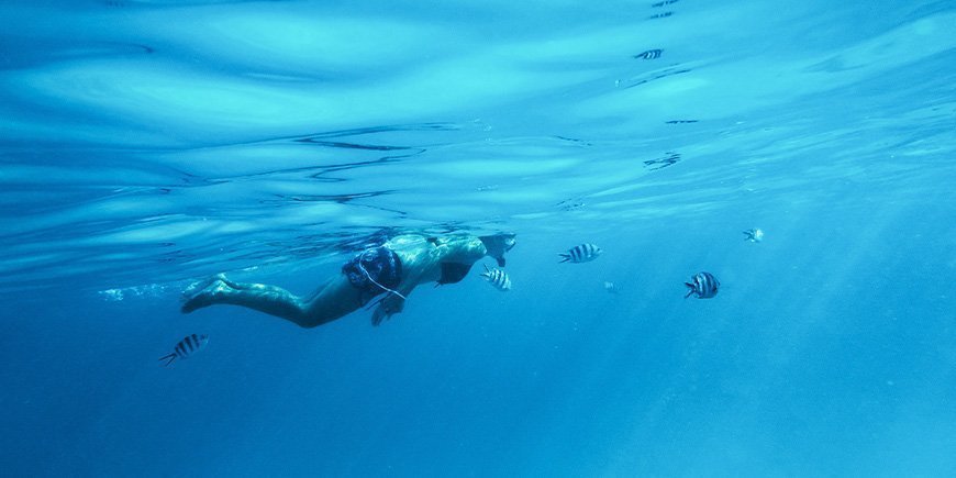 Woman snorkelling underwater in Zanzibar