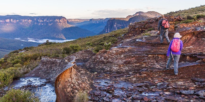 A couple hiking in the Blue Mountains in Australia.