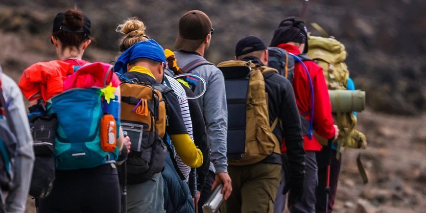 Trekkers walking in a row on Kilimanjaro