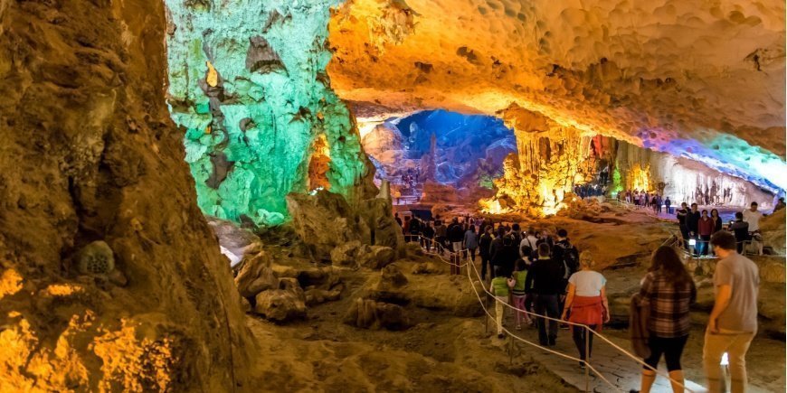 Sung Sot cave illuminated by colourful lights