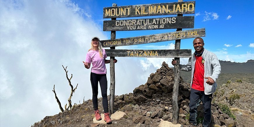 Catriona and guide at Cathedral Point on Kilimanjaro