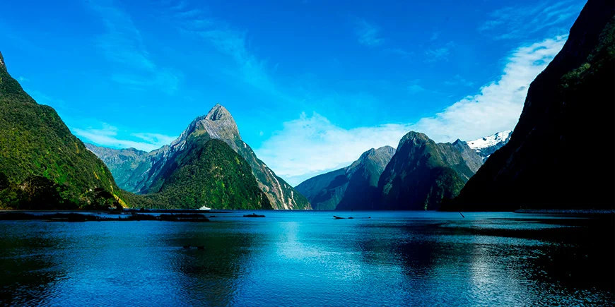 Clear weather with blue skies at Milford Sound in New Zealand