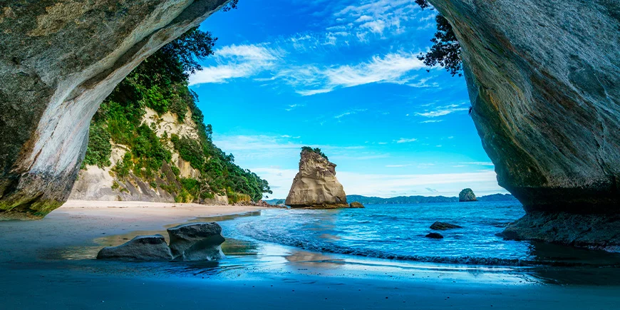 View through Cathedral Cove in New Zealand