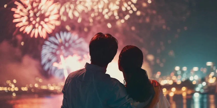 A man and a woman enjoying the New Year fireworks