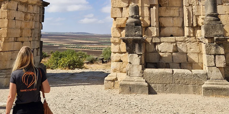Winnie in the ruined city of Volubilis, Morocco