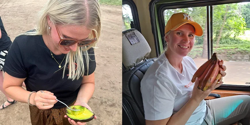 Sandra sampling local fruit and vegetables in Tanzania