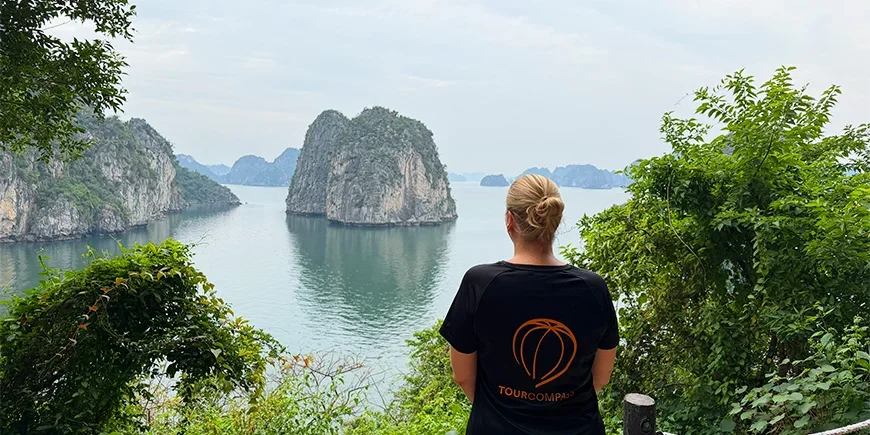 Michelle from TourCompass looking out over Bai Tu Long Bay in Vietnam