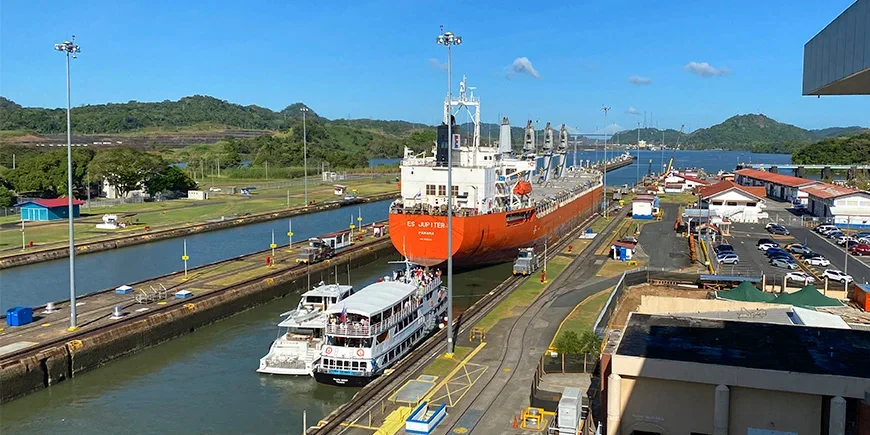 Ship passing through the locks of the Panama Canal