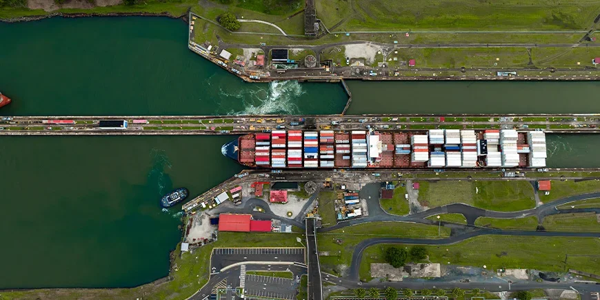 Lock on the Panama Canal seen from above