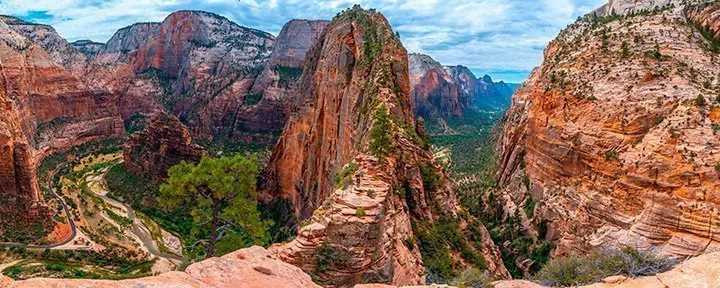 Panoramic view of the Zion Canyon seen from the Angels Landing Trail high up in the mountain in Zion National Park, Utah. United States