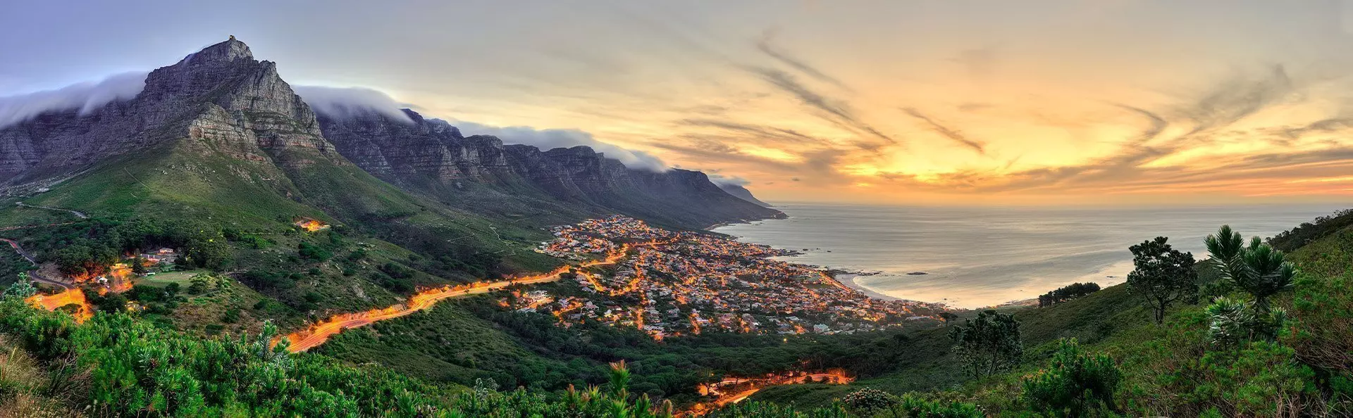 View of Table Mountain at sunset in Cape Town