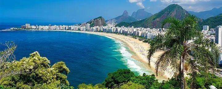 Aerial view of Copacabana Beach and Sugar Loaf Mountain in Rio de Janeiro, Brazil