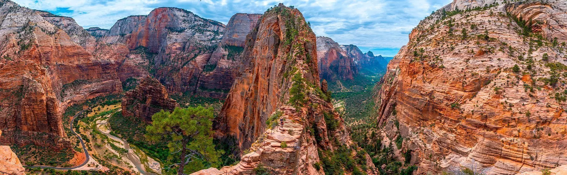 Panoramic view of the Zion Canyon seen from the Angels Landing Trail high up in the mountain in Zion National Park, Utah. United States