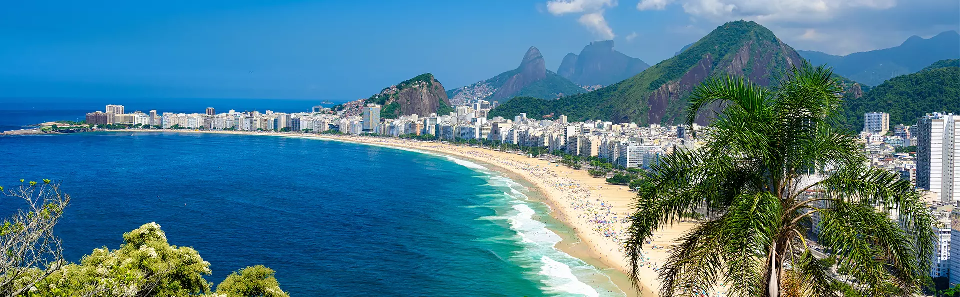 Aerial view of Copacabana Beach and Sugar Loaf Mountain in Rio de Janeiro, Brazil